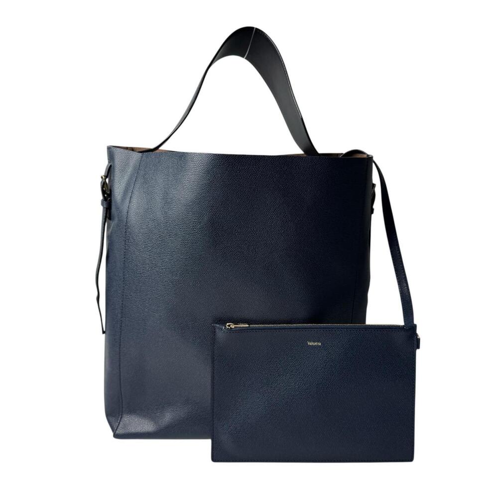 Valextra Bucket Shoulder Tote Bag with Pouch, Navy, Women's